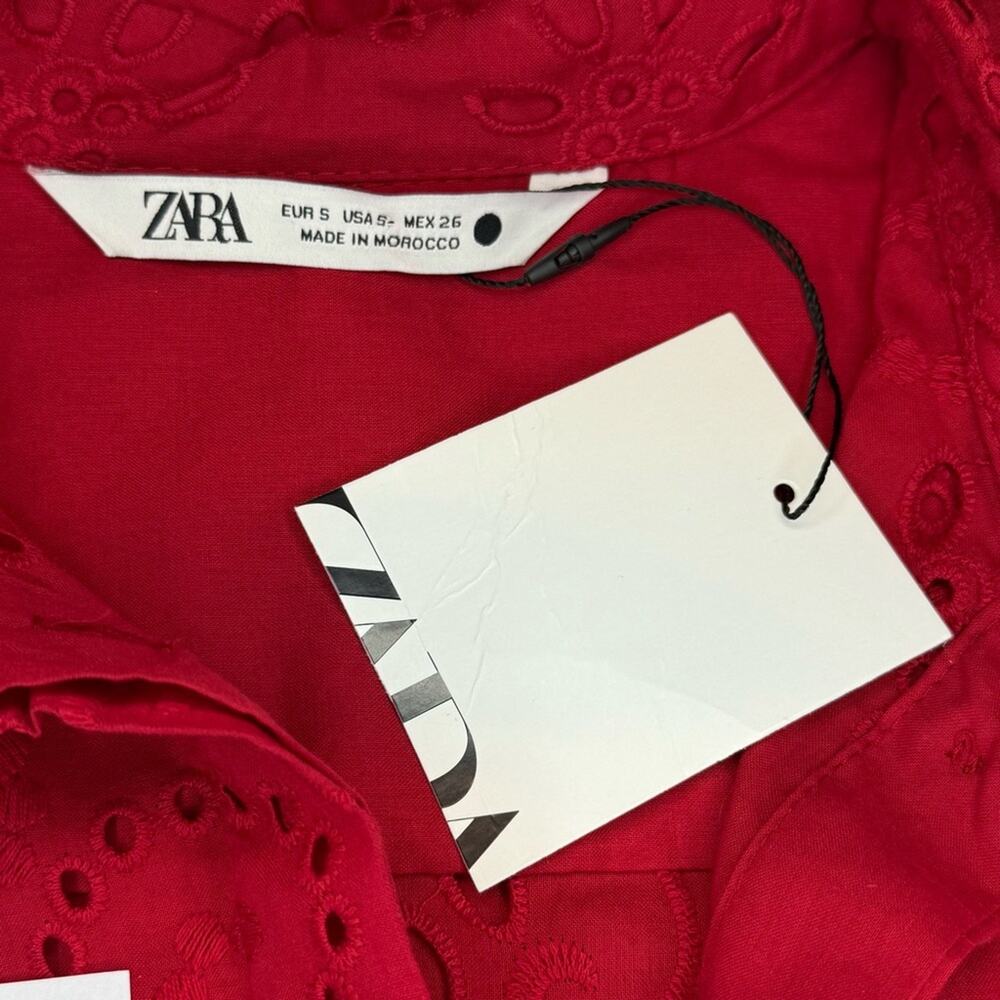 ZARA NEW Boho Hippie Western Eyelet Red Cotton Blouse Button-Up Small - Picture 7 of 10